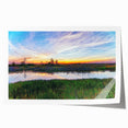 Lush marsh landscape wall art print showcasing vibrant greens and blues, featuring serene water reflections and detailed flora, ideal for nature-themed decor.