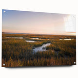 Acrylic glass wall art featuring a vibrant marsh landscape design, side view showcasing intricate details and colorful pins, perfect for nature-themed decor.