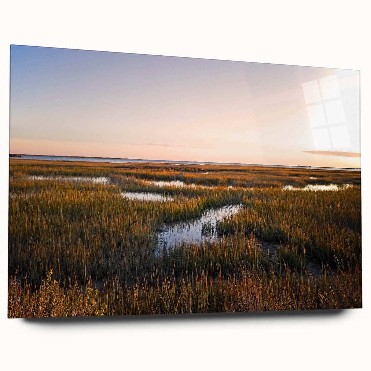 Acrylic glass wall art piece showcasing a vibrant marsh landscape design with lush greenery and a serene swamp setting, ideal for nature-themed decor.
