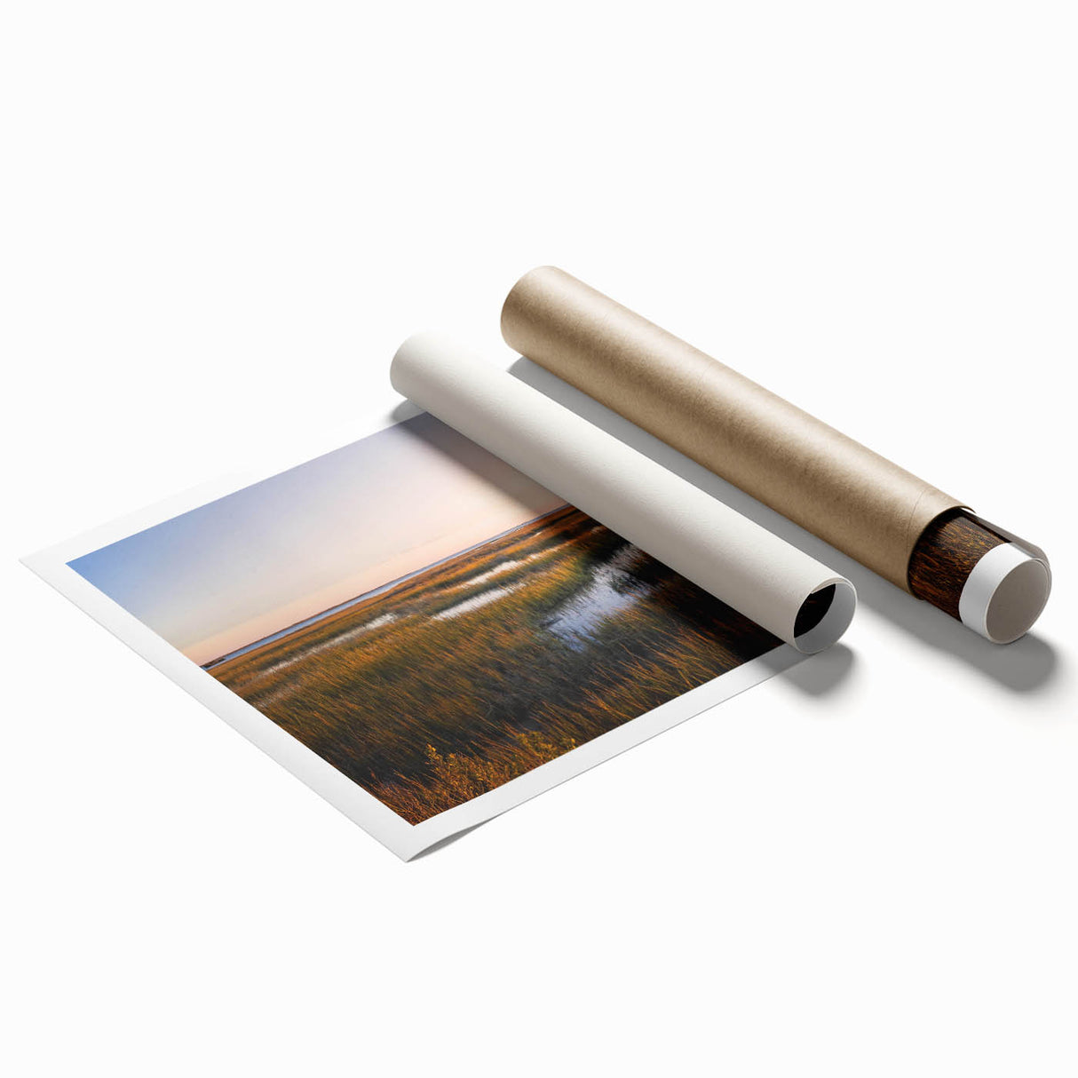 Vibrant rolled wall art print showcasing a serene landscape of a marsh and swamp, featuring lush greenery and tranquil water reflections, perfect for enhancing home decor.