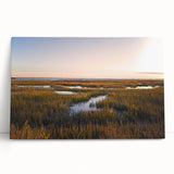 Vibrant stretched canvas wall art depicting a serene marsh landscape with lush greenery and tranquil water reflections, perfect for nature-themed decor.