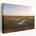 Stretched canvas wall art showcasing a serene marsh landscape with lush greenery and reflective water, ideal for nature-themed home decor. The vibrant colors enhance the tranquil ambiance, making it perfect for living spaces or offices.