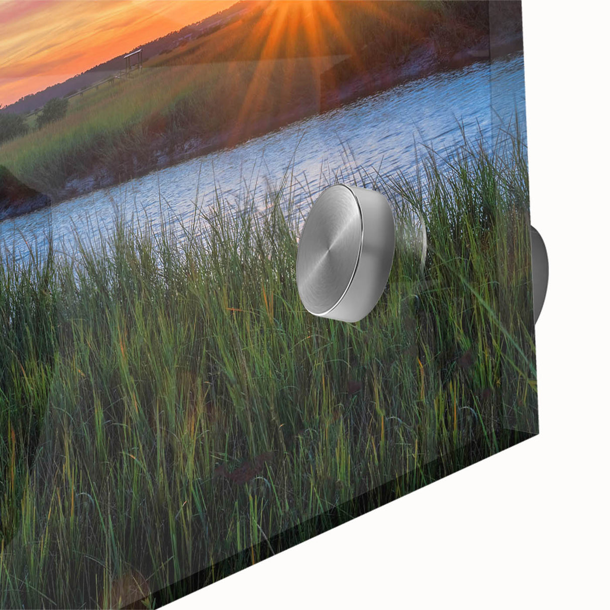 Close-up of a vibrant acrylic glass wall art piece depicting a serene marsh landscape, showcasing lush greenery and tranquil water reflections, ideal for nature lovers.