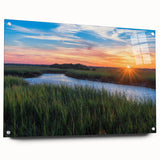 Acrylic glass wall art design showcasing a serene marsh landscape scene with lush greenery and tranquil waters, elegantly displayed from a side view with pins for secure mounting. The vibrant colors and intricate details highlight the beauty of nature, making it a perfect addition to any home decor.