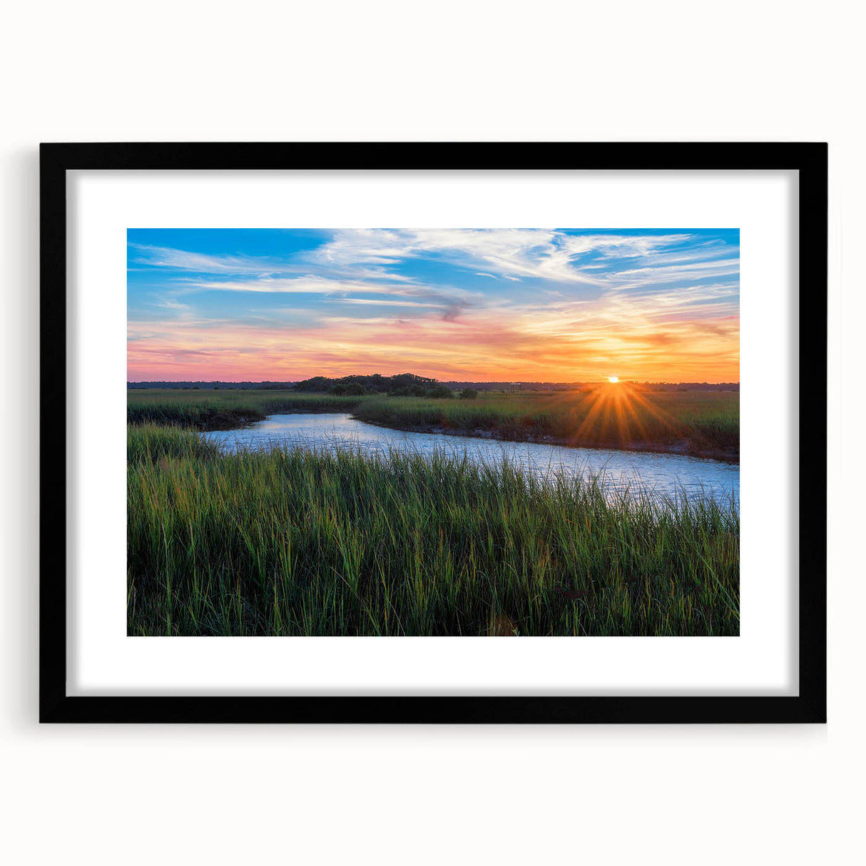 Framed wall art featuring a vibrant marsh and swamp landscape design, showcasing lush greenery and tranquil water, set in a sleek black frame with a mat for added elegance.