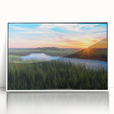 Framed wall art featuring a serene marsh landscape in soft greens and blues, showcasing a tranquil swamp scene with subtle reflections and natural details, perfect for home decor.