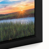 Close-up of a framed canvas depicting a serene marsh landscape with vibrant greens and blues, showcasing detailed textures and natural elements for home decor.