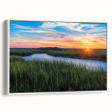 Framed wall art canvas depicting a serene marsh landscape with vibrant greens and blues, showcasing intricate details of the swamp's flora and fauna, perfect for nature lovers.