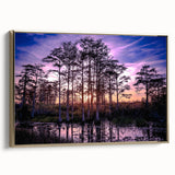 Framed canvas wall art showcasing a serene marsh landscape with vibrant greenery and water reflections, accented by a gold frame, ideal for home decor.