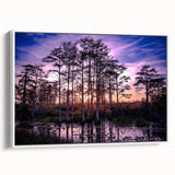Framed canvas wall art featuring a serene marsh landscape with lush greenery and tranquil water, designed to enhance home decor in a white frame. Perfect for nature lovers seeking calming art for their living space.