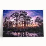 Stretched canvas wall art depicting a serene marsh landscape with lush greenery and tranquil water reflections, ideal for nature-themed decor in homes or offices.