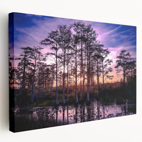 Stretched canvas wall art showcasing a serene marsh landscape with lush greenery and tranquil water, perfect for enhancing home decor with nature-inspired aesthetics.