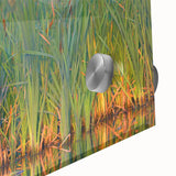 Close-up of a vibrant acrylic wall art piece showcasing a serene marsh landscape, featuring lush greenery and reflective waters, perfect for nature enthusiasts.