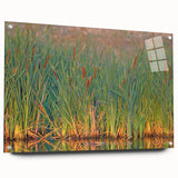 Acrylic wall art collection showcasing a vibrant marsh and swamp landscape design, viewed from the side, elegantly displayed with decorative pins. Perfect for nature-inspired decor.