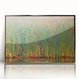 Framed wall art showcasing a serene marsh landscape with lush greenery and soft golden hues, perfect for enhancing home decor with nature-inspired elegance.