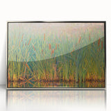 Framed wall art collection showcasing a serene marsh landscape design with vibrant greens and blues, elegantly displayed in a sleek silver frame, perfect for enhancing any decor.