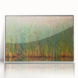 Framed wall art collection depicting a serene marsh landscape with lush greenery and reflective water, featuring a white frame that enhances the artwork's vibrant colors.