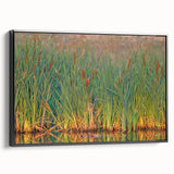 Framed canvas wall art showcasing a serene marsh landscape with lush greenery and a reflective water surface, designed in a modern black frame for stylish decor.