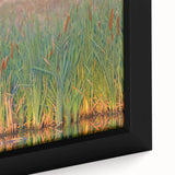 Close-up of a framed canvas artwork showcasing a vibrant marsh landscape, featuring lush green vegetation and serene water reflections, ideal for nature lovers and home decor enthusiasts.