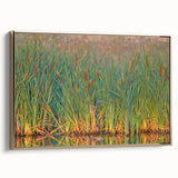 Framed canvas wall art showcasing a serene marsh landscape with lush greenery and a tranquil blue sky, elegantly bordered in gold for a sophisticated touch.