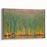 Framed canvas wall art showcasing a serene marsh landscape with lush greenery and reflective water, set in a silver frame, ideal for nature-inspired decor.