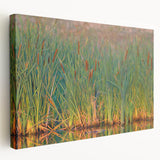 Stretched canvas wall art showcasing a tranquil marsh landscape with lush greenery and calm waters, perfect for enhancing home decor with nature-inspired elegance.
