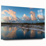 Vibrant acrylic wall art showcasing a serene marsh landscape with lush greenery and subtle reflections in water, perfect for enhancing home decor.