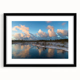 Framed wall art showcasing a serene marsh and swamp landscape design, featuring a black frame and mat, ideal for enhancing home decor with nature-inspired aesthetics.