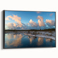 Framed canvas wall art depicting a serene marsh landscape with lush greenery and water reflections, showcasing vibrant colors and intricate details, perfect for nature lovers.