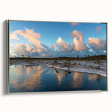 Framed canvas wall art depicting a serene marsh landscape with rich green foliage, reflective water, and a tranquil atmosphere, perfect for nature-inspired decor.