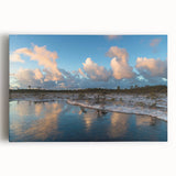 Stretched canvas artwork showcasing a serene marsh and swamp landscape, featuring vibrant greens and blues, perfect for enhancing any nature-themed room decor.