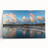 Stretched canvas wall art showcasing a serene marsh landscape with vibrant greens and blues, perfect for enhancing home decor and creating a calming atmosphere.