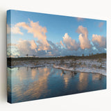 Stretched canvas wall art showcasing a serene marsh landscape with vibrant greens and soft blues, ideal for nature lovers and home decor enthusiasts.