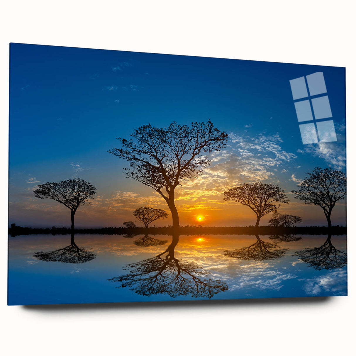Side view of a landscape wall art piece depicting a vibrant marsh and swamp scene, printed on acrylic glass, showcasing lush greenery and tranquil water reflections. Ideal for nature lovers and home decor enthusiasts.