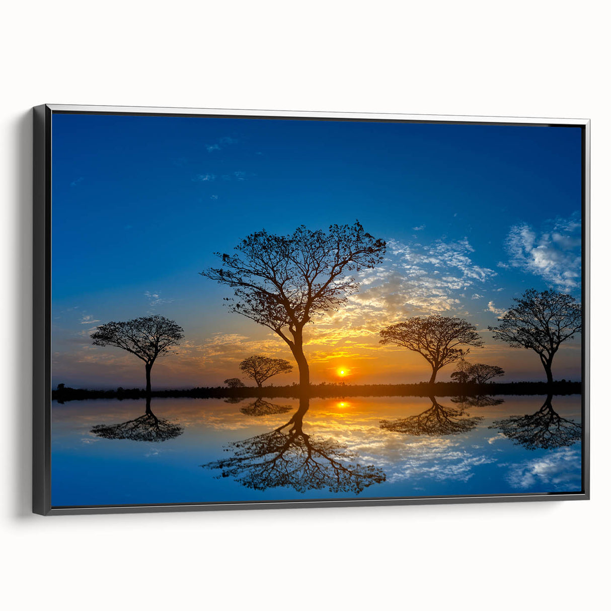 Framed canvas wall art featuring a serene marsh landscape design with lush greenery and water reflections, showcased from a black side view, perfect for home décor.