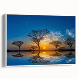 Framed canvas wall art showcasing a serene marsh landscape with lush greenery and vibrant blue water, perfect for adding a calming touch to home decor.