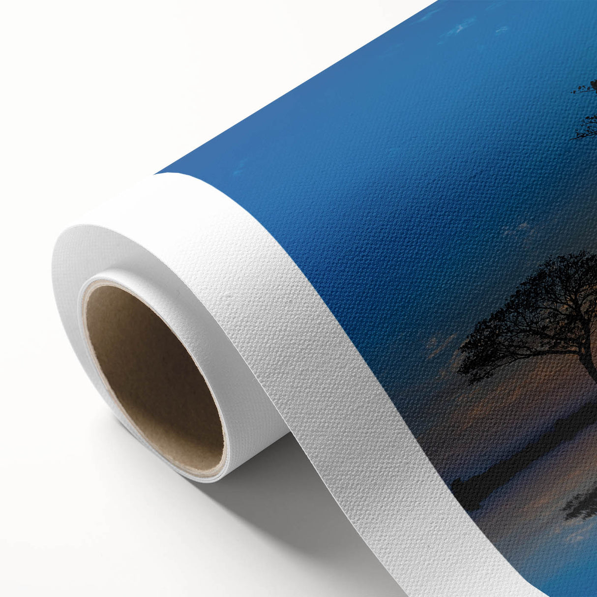 Vibrant rolled canvas artwork depicting a serene marsh landscape with lush greenery and reflective water, ideal for nature-themed home décor.