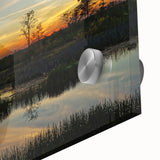 Close-up of a vibrant acrylic glass wall art piece depicting a tranquil marsh landscape, featuring lush greenery and serene water reflections, perfect for nature enthusiasts.