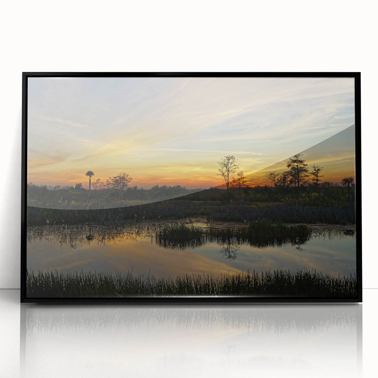 Framed acrylic wall art collection showcasing a vibrant marsh landscape design with lush greenery and reflections in water, set in a sleek black frame.
