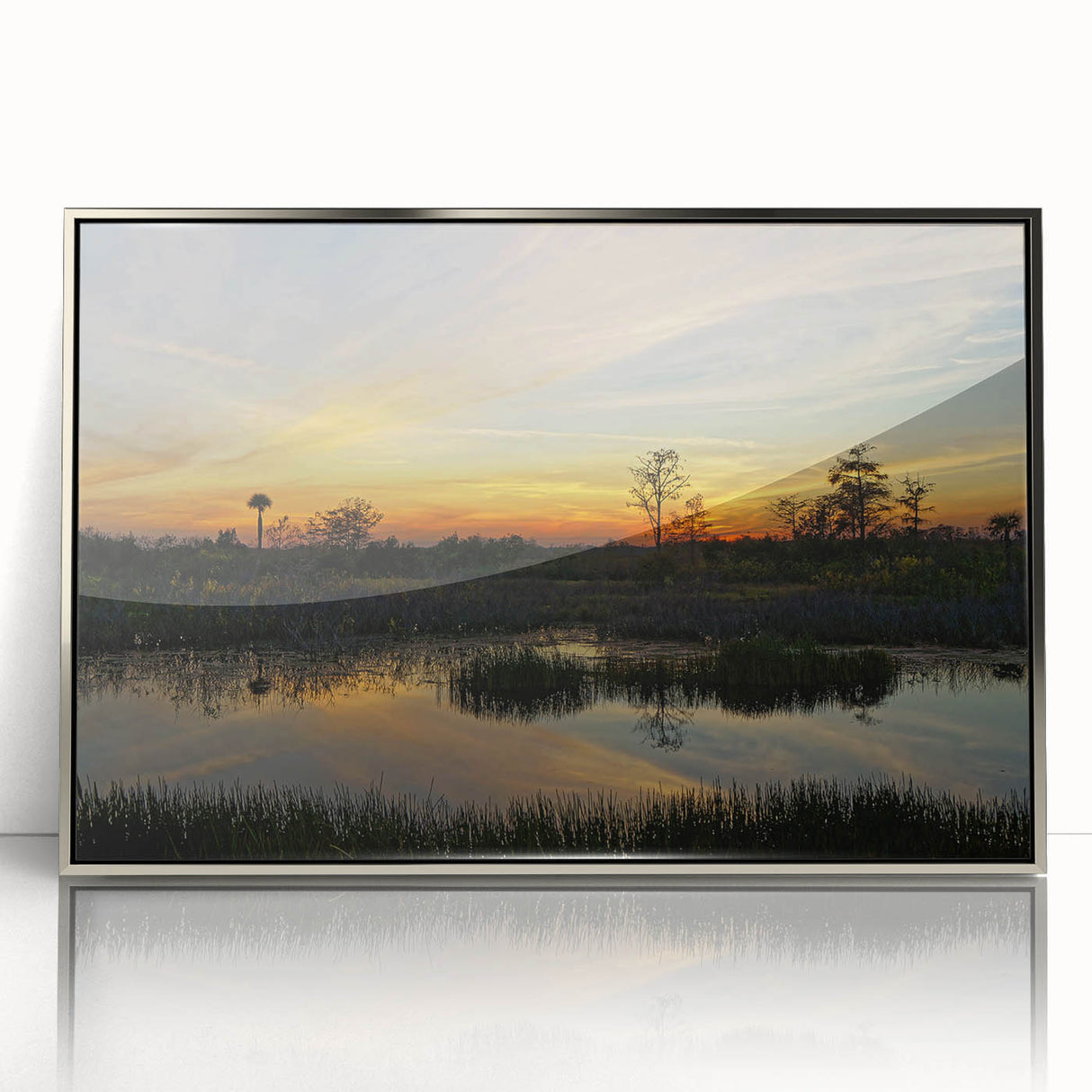Framed acrylic artwork depicting a serene marsh landscape, featuring vibrant greenery and reflective water, ideal for home decor and nature enthusiasts.