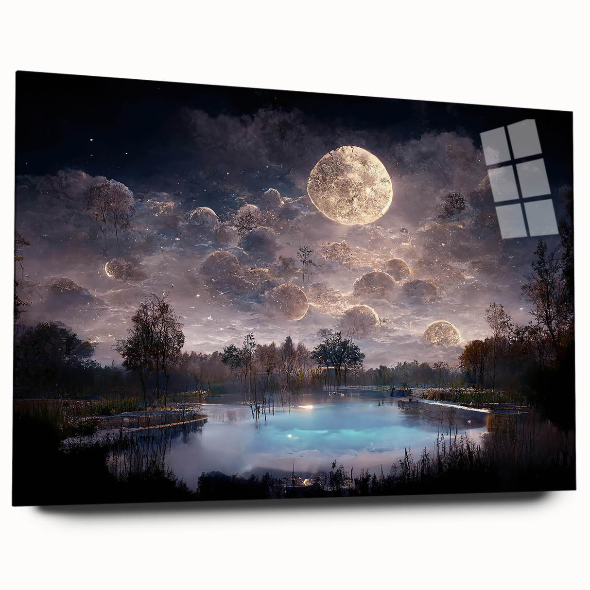 Side view of a beautifully designed acrylic glass wall art collection featuring serene marsh and swamp landscapes, showcasing vibrant colors and intricate details.