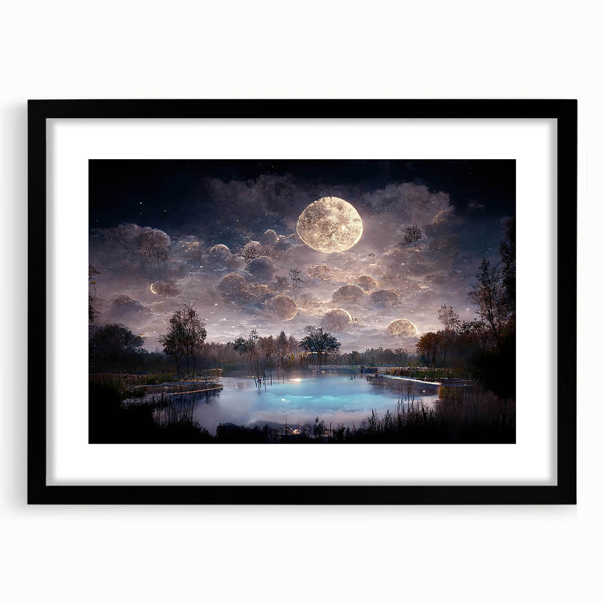 Framed wall art collection showcasing a vibrant marsh landscape with lush greenery and tranquil water, featuring a sleek black frame and mat for a modern touch. Ideal for nature-themed decor.