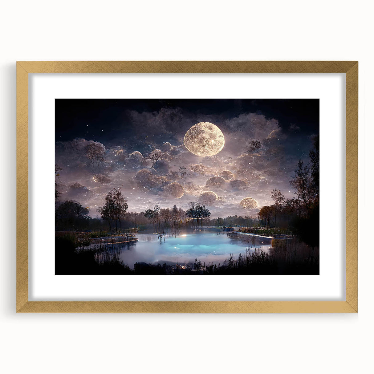 Framed wall art collection featuring a serene marsh landscape design with vibrant greens and gold accents, ideal for enhancing home decor and creating a calming atmosphere.