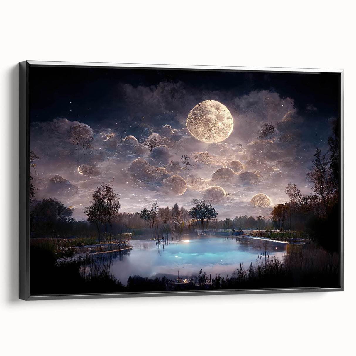 Framed black canvas wall art depicting a serene marsh landscape with vibrant greenery and reflections in still water, perfect for nature lovers and home decor.