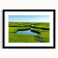 Framed wall art collection showcasing a serene marsh landscape with lush greenery and tranquil water, featuring a sleek black frame and matting for an elegant presentation. Ideal for nature enthusiasts and home decor.
