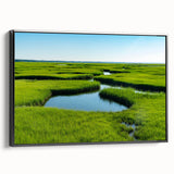 Framed canvas artwork showcasing a serene marsh landscape with lush greenery and tranquil water, designed for wall decor in modern interiors.