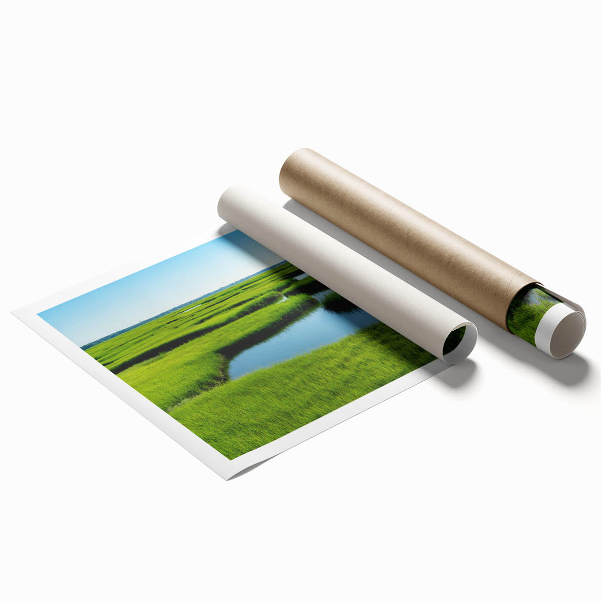 Lush marshland landscape wall art print showcasing vibrant greens and earthy tones, perfect for enhancing home decor with nature-inspired elegance.