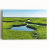 Lush marsh landscape wall art on stretched canvas, showcasing vibrant greens and blues, perfect for nature-inspired home decor. Ideal for serene living spaces.