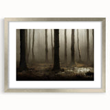 Framed wall art showcasing a serene marsh landscape with lush greenery and soft blue water, accentuated by a silver frame and white matting, ideal for nature-themed decor.