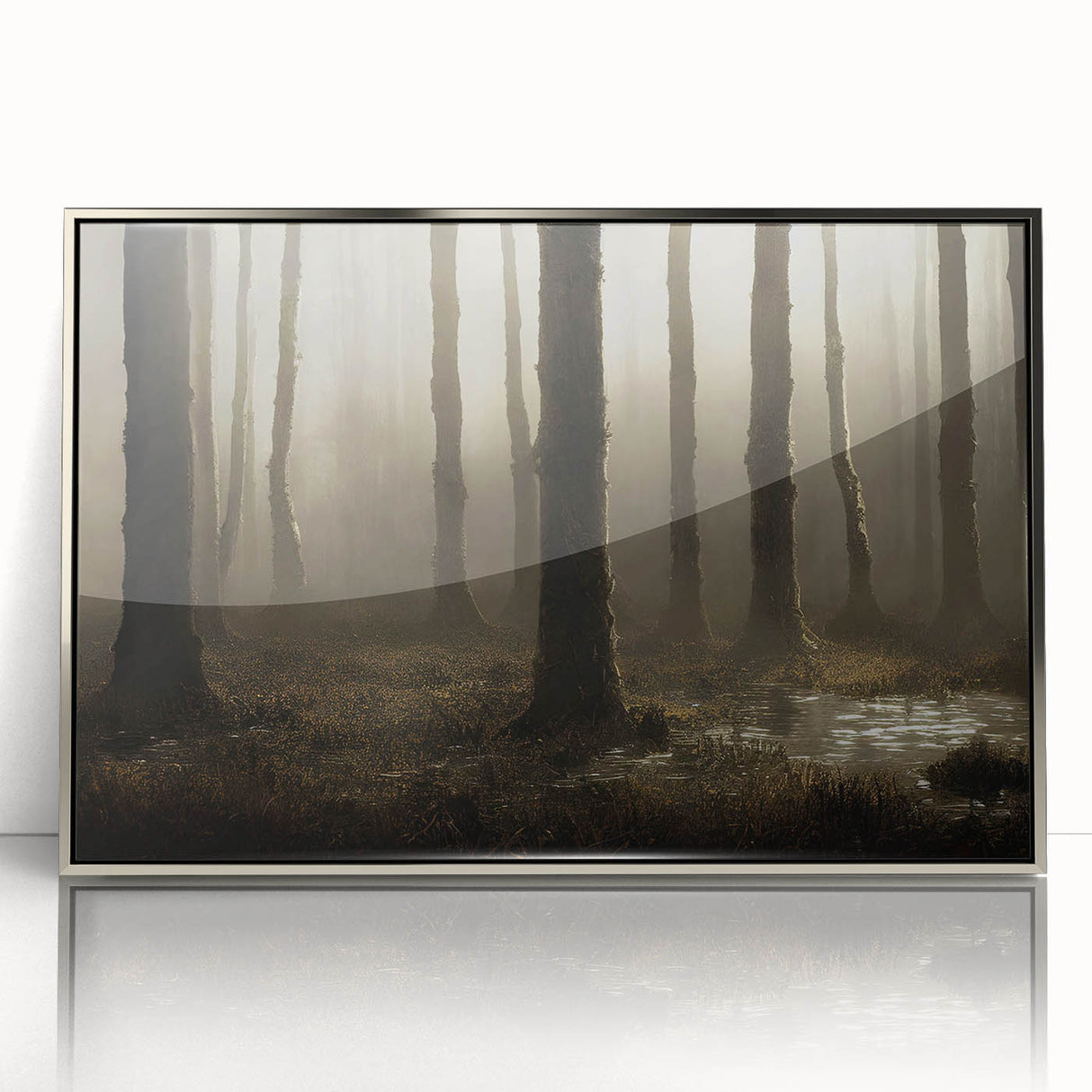 Framed wall art depicting a serene marsh landscape with vibrant greens and blues, featuring a silver-accented frame that enhances its natural beauty. Ideal for nature lovers seeking to add tranquility to their home decor.